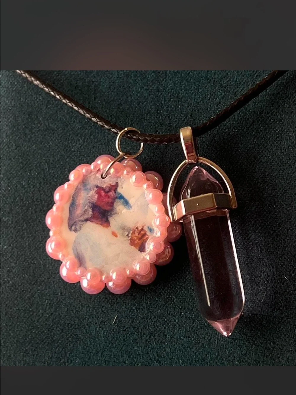 Pink Beaded Portrait Pendant Necklace with Pink Crystal Point